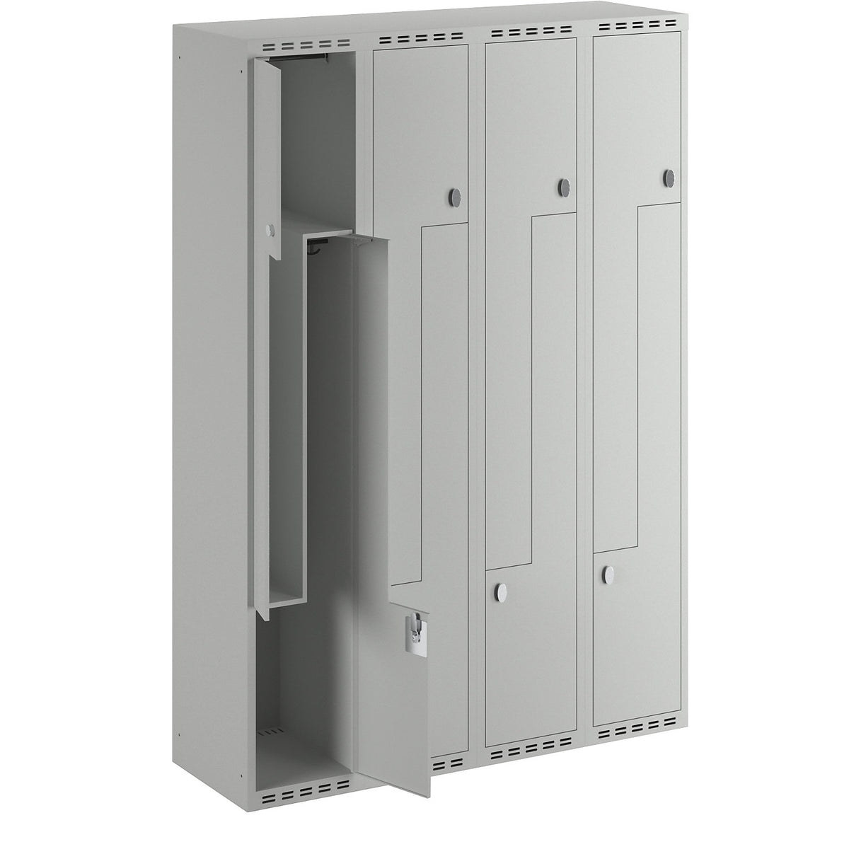 Fydor Z locker, 4 compartments, light grey, W 1200 mm, flat roof shape, padlock.