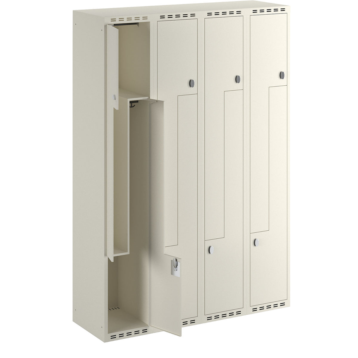 Fydor Z locker, 4 compartments, white, W 1200 mm, flat roof shape, padlock.