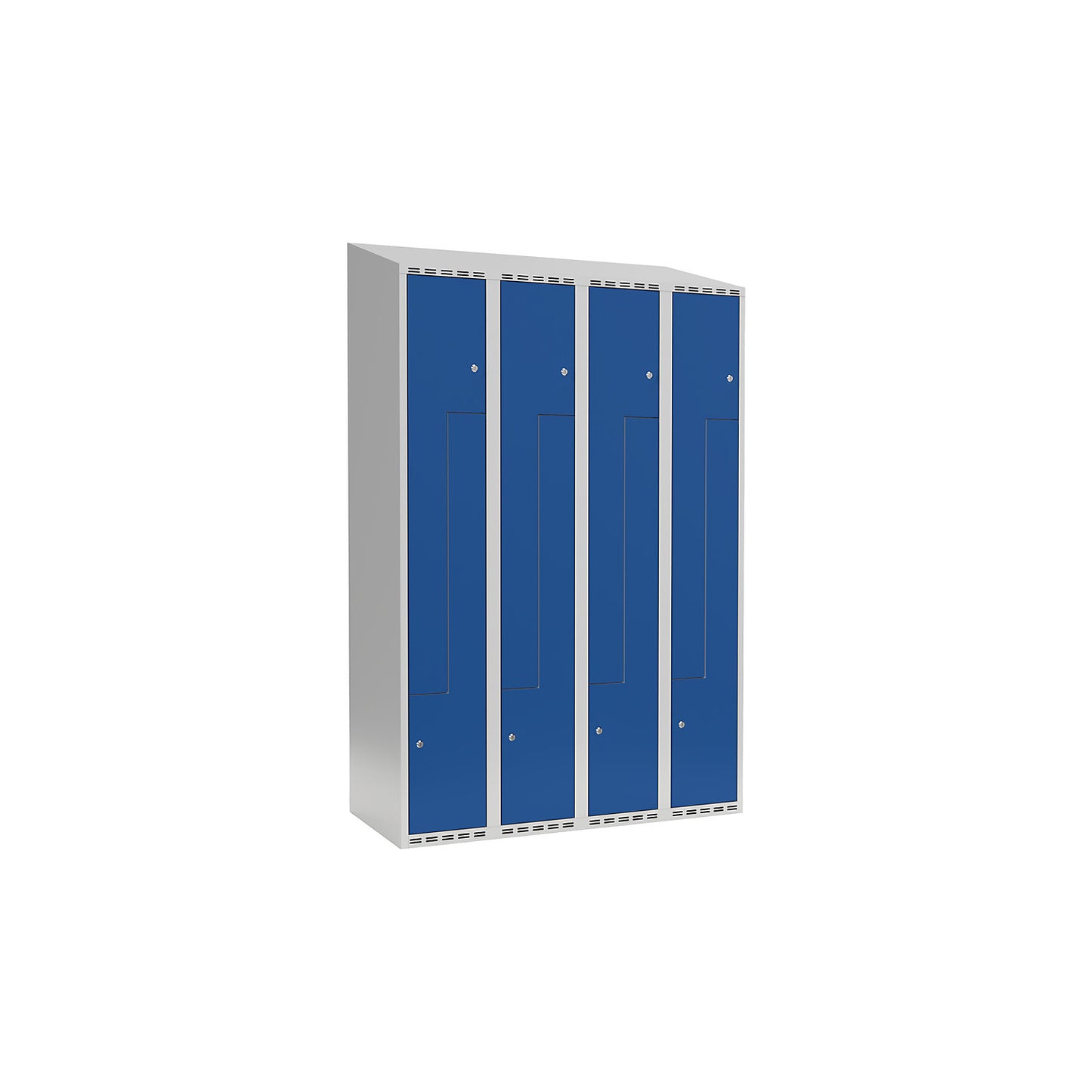 Fydor Z locker, 4 compartments, light grey / gentian blue, W 1200 mm, sloping roof shape, cylinder lock.