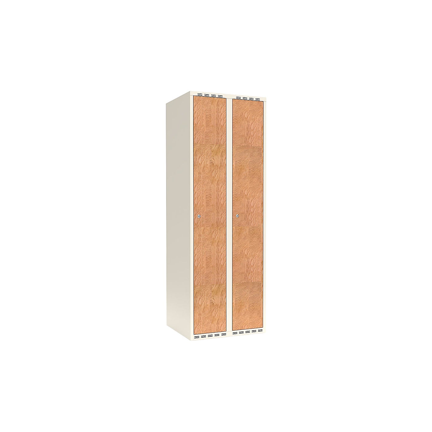 Fydor clothes locker, HPL, 2 sections, white/oak, W 600 mm, flat roof shape, cylinder lock.
