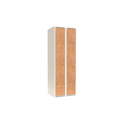 Fydor clothes locker, HPL, 2 sections, white/oak, W 600 mm, flat roof shape, cylinder lock.