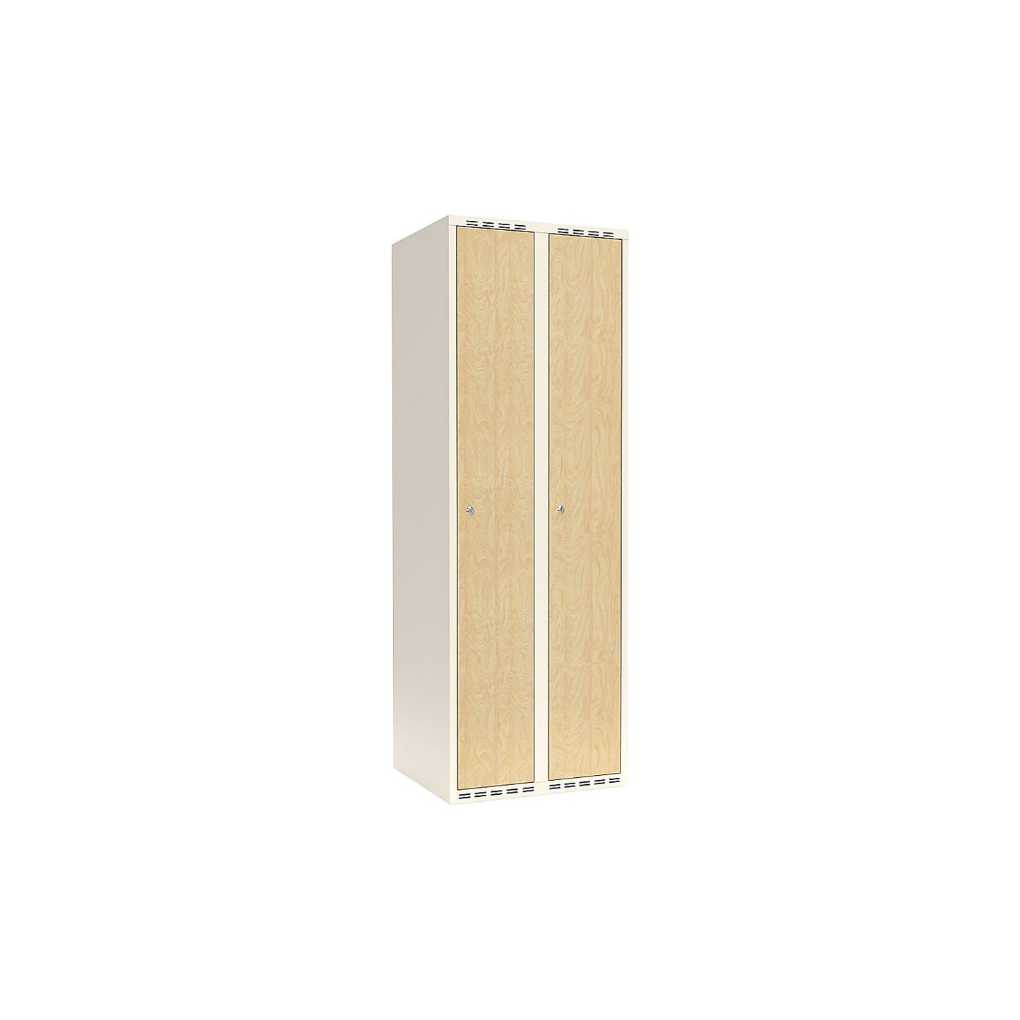 Fydor clothes locker, HPL, 2 sections, white/birch, W 600 mm, flat roof shape, cylinder lock.