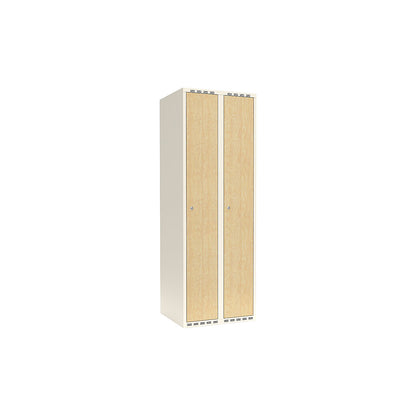 Fydor clothes locker, HPL, 2 sections, white/birch, W 600 mm, flat roof shape, cylinder lock.