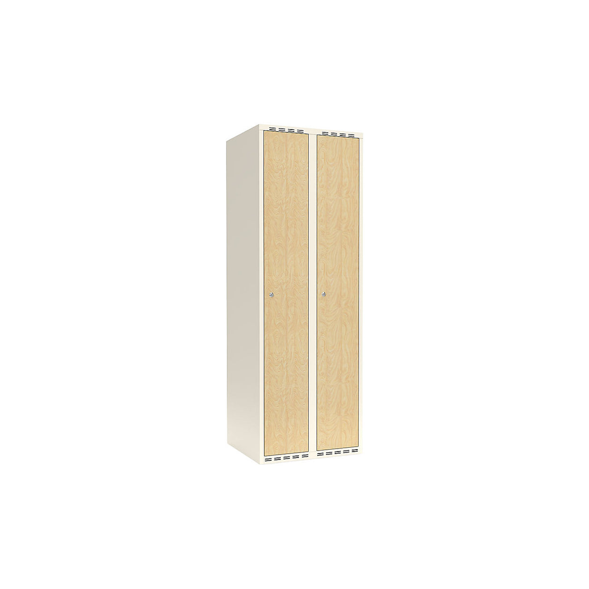 Fydor clothes locker, HPL, 2 sections, white/birch, W 600 mm, flat roof shape, cylinder lock.