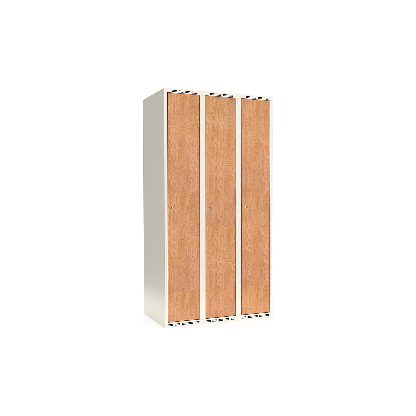 Fydor clothes locker, HPL, 3 sections, white/oak, W 900 mm, flat roof shape, cylinder lock.