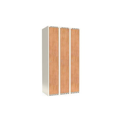 Fydor clothes locker, HPL, 3 sections, white/oak, W 900 mm, flat roof shape, cylinder lock.