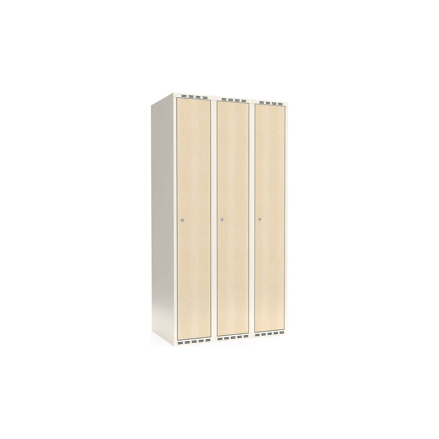 Fydor clothes locker, HPL, 3 sections, white/birch, W 900 mm, flat roof shape, cylinder lock.