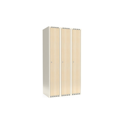 Fydor clothes locker, HPL, 3 sections, white/birch, W 900 mm, flat roof shape, cylinder lock.