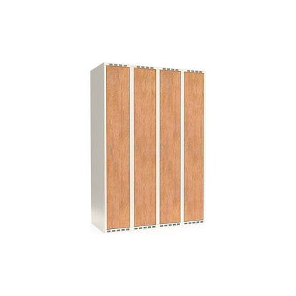 Fydor clothes locker, HPL, 4 sections, white/oak, W 1200 mm, flat roof shape, cylinder lock.