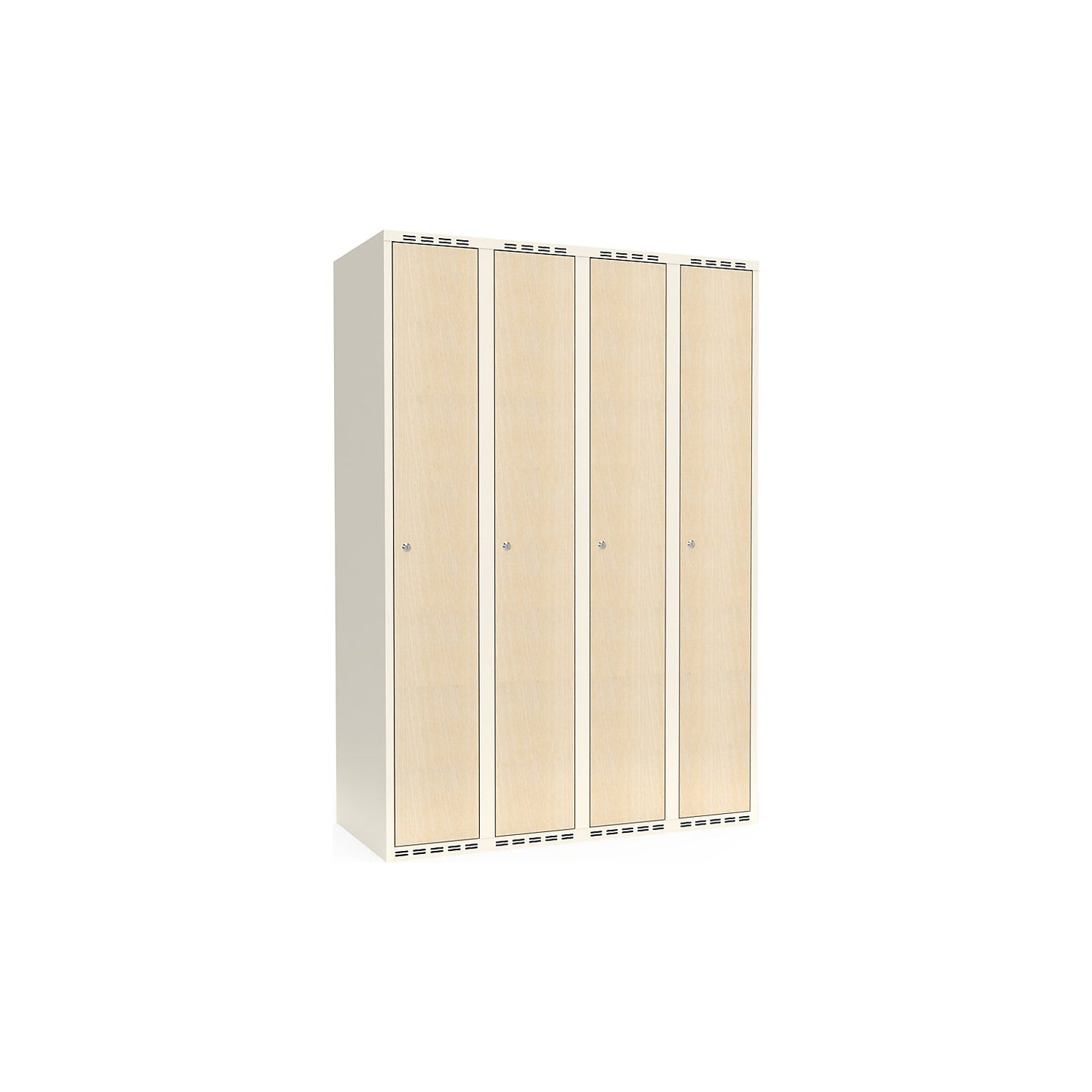 Fydor clothes locker, HPL, 4 sections, white/birch, W 1200 mm, flat roof shape, cylinder lock.