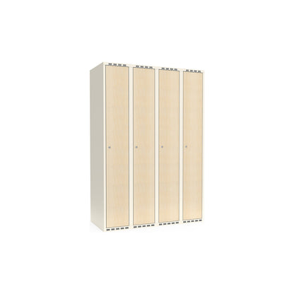Fydor clothes locker, HPL, 4 sections, white/birch, W 1200 mm, flat roof shape, cylinder lock.