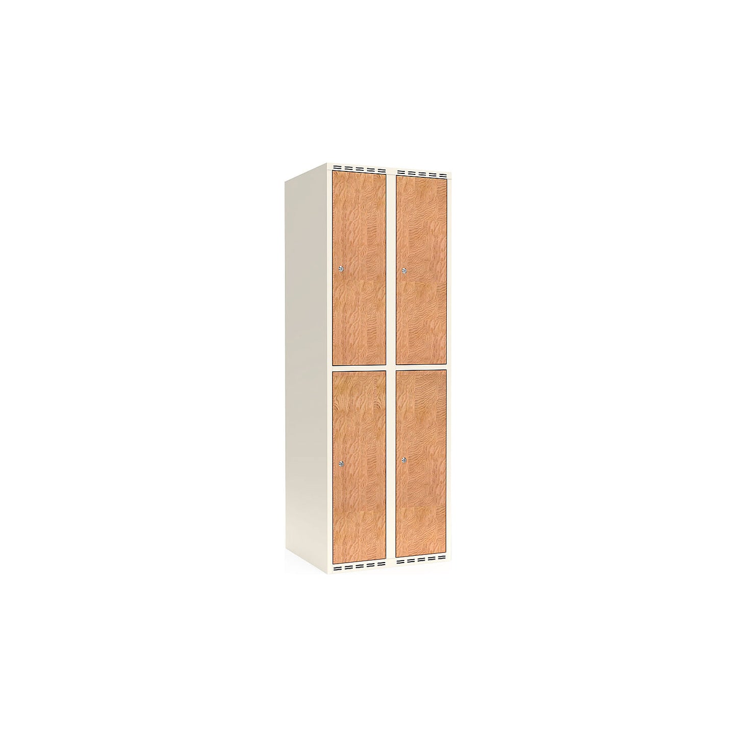 Fydor double deck clothes locker, HPL, 2 sections, white/oak, W 600 mm, flat roof shape, cylinder lock.