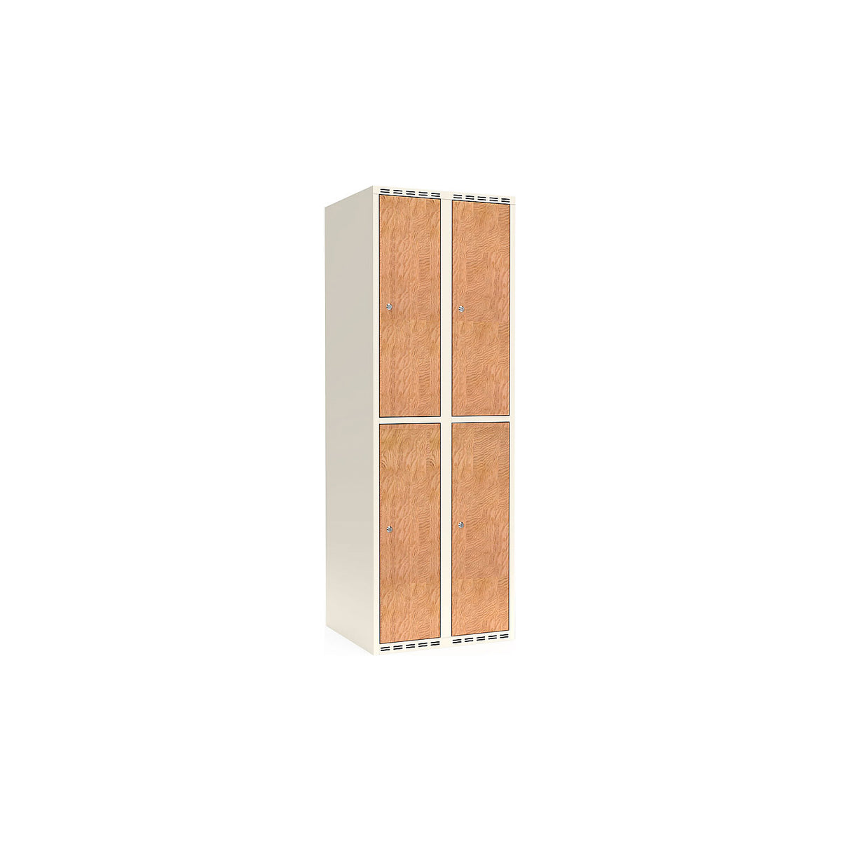 Fydor double deck clothes locker, HPL, 2 sections, white/oak, W 600 mm, flat roof shape, cylinder lock.
