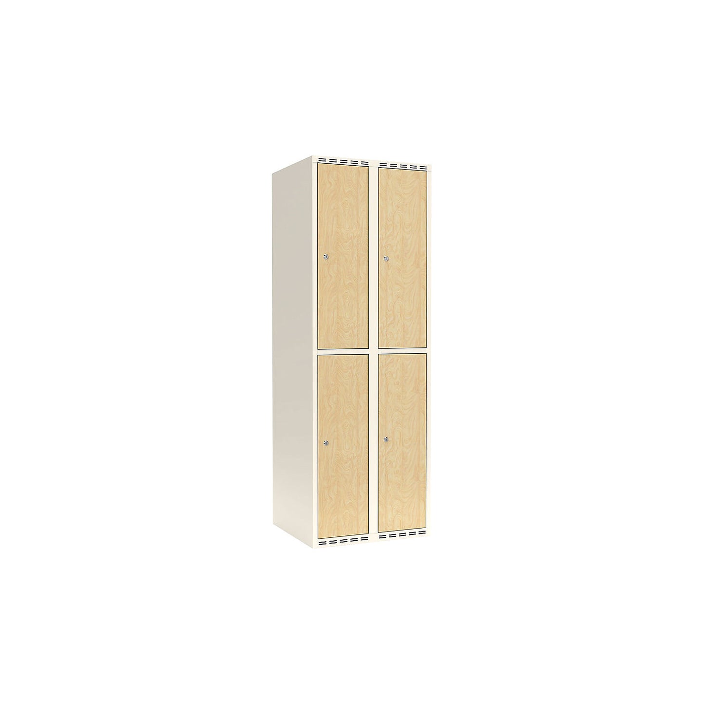 Fydor double deck clothes locker, HPL, 2 sections, white/birch, W 600 mm, flat roof shape, cylinder lock.