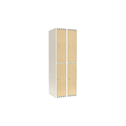Fydor double deck clothes locker, HPL, 2 sections, white/birch, W 600 mm, flat roof shape, cylinder lock.
