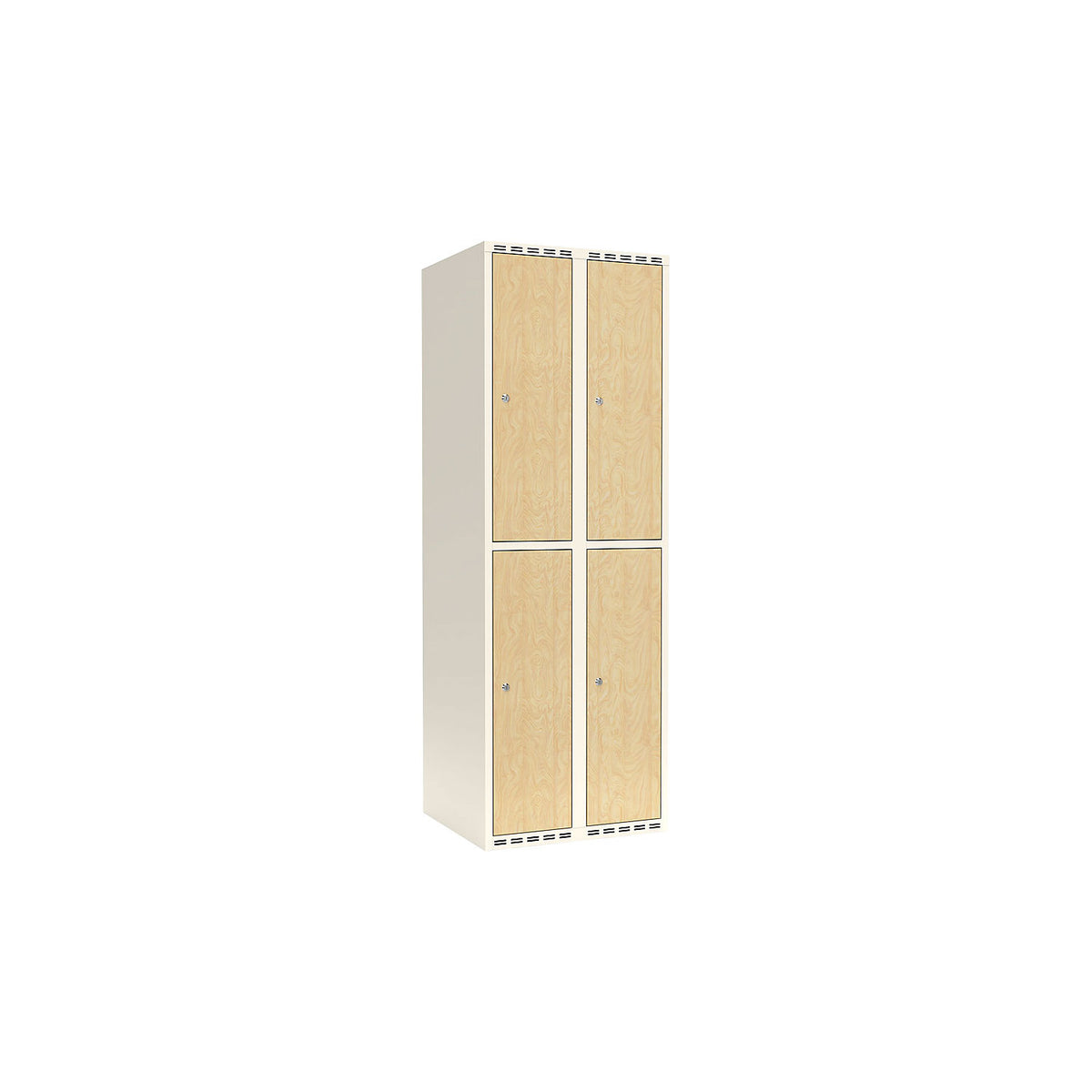 Fydor double deck clothes locker, HPL, 2 sections, white/birch, W 600 mm, flat roof shape, cylinder lock.