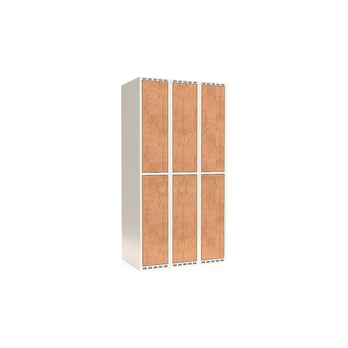 Fydor double deck clothes locker, HPL, 3 sections, white/oak, W 900 mm, flat roof shape, cylinder lock.