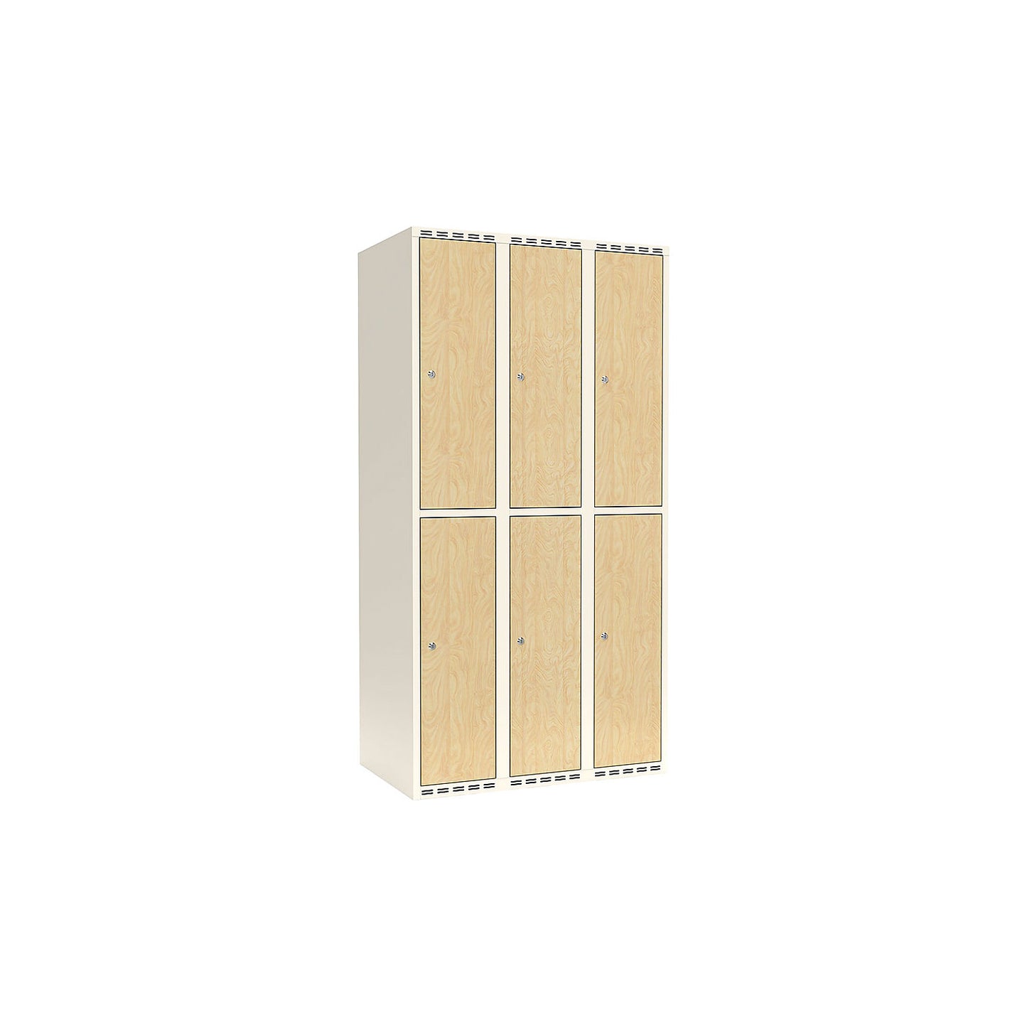Fydor double deck clothes locker, HPL, 3 sections, white/birch, W 900 mm, flat roof shape, cylinder lock.