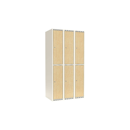 Fydor double deck clothes locker, HPL, 3 sections, white/birch, W 900 mm, flat roof shape, cylinder lock.