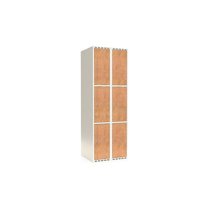 Fydor 3-door compartment locker, HPL, 2 sections, white/oak, W 600 mm, flat roof shape, cylinder lock.