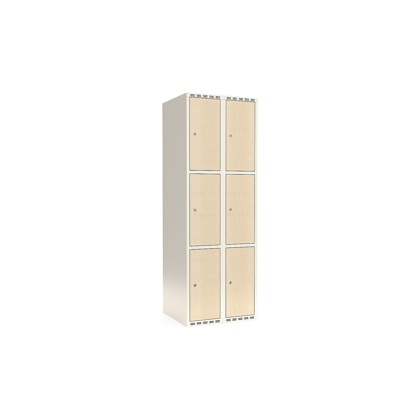 Fydor 3-door compartment locker, HPL, 2 sections, white/birch, W 600 mm, flat roof shape, cylinder lock.