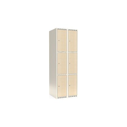 Fydor 3-door compartment locker, HPL, 2 sections, white/birch, W 600 mm, flat roof shape, cylinder lock.
