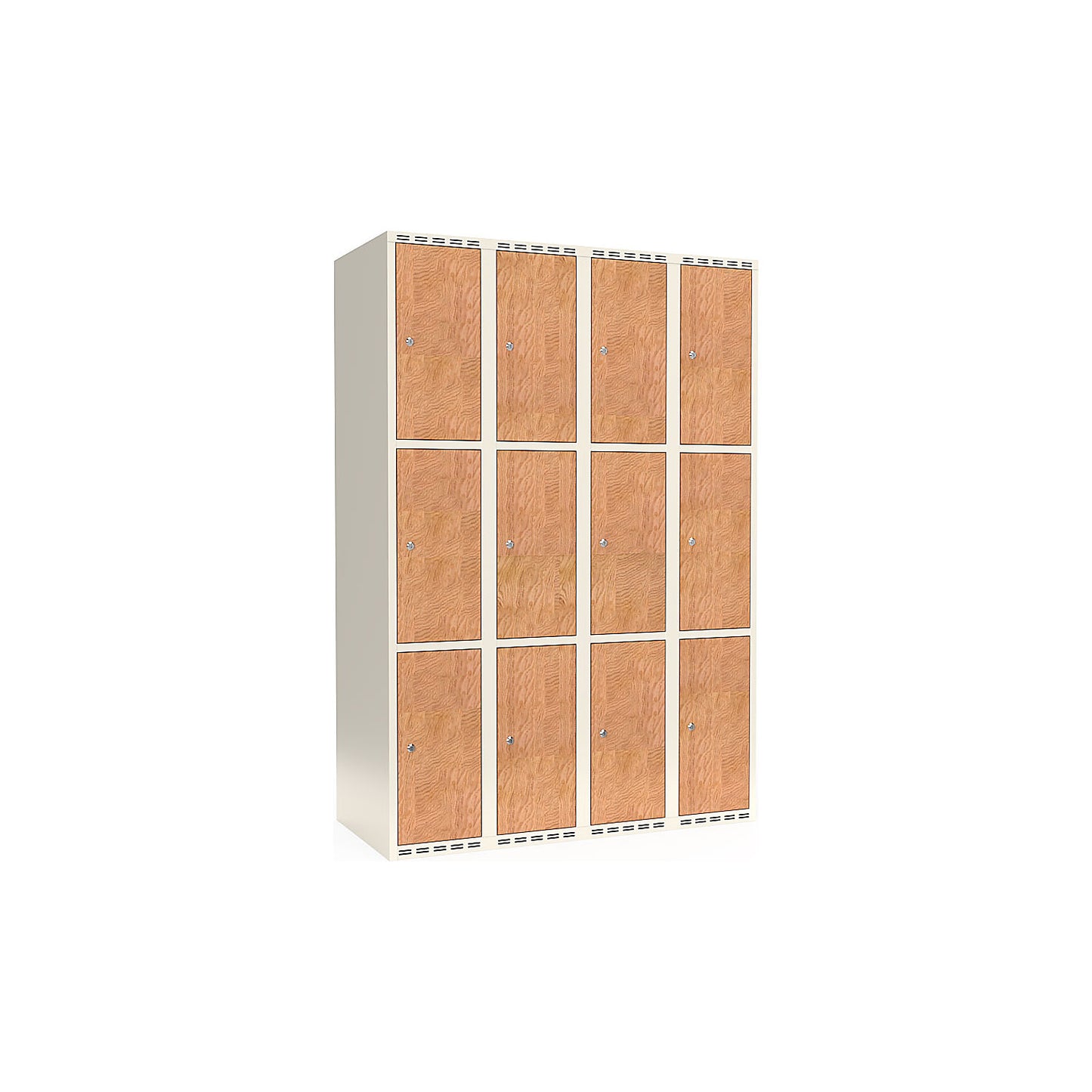 Fydor 3-door compartment locker, HPL, 4 sections, white/oak, W 1200 mm, flat roof shape, cylinder lock.