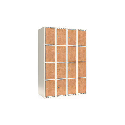 Fydor 4-door compartment locker, HPL, 4 sections, white/oak, W 1200 mm, flat roof shape, cylinder lock.