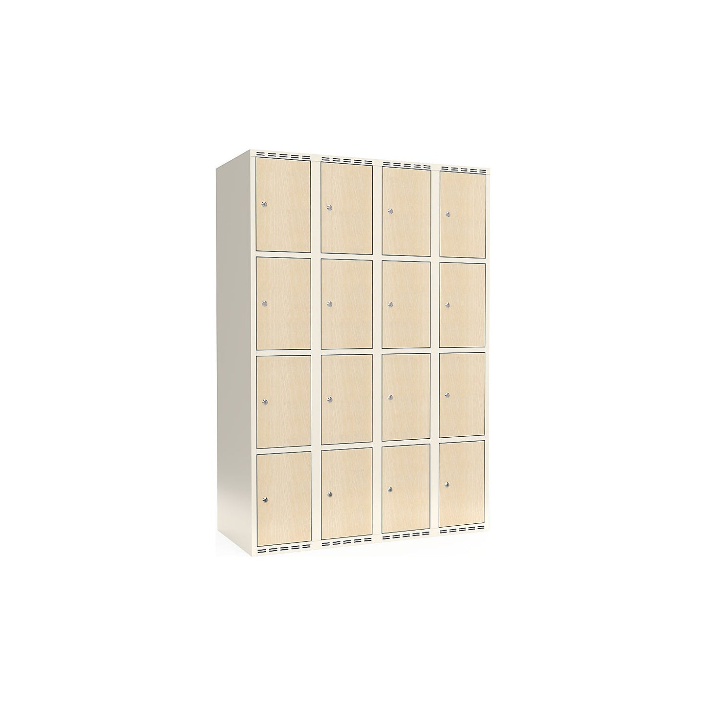 Fydor 4-door compartment locker, HPL, 4 sections, white/birch, W 1200 mm, flat roof shape, cylinder lock.