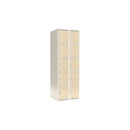 Fydor 5-door compartment locker, HPL, 2 sections, white/birch, W 600 mm, flat roof shape, cylinder lock.