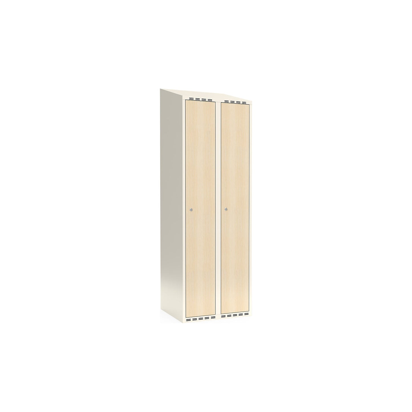 Fydor clothes locker, HPL, 2 sections, white/birch, W 600 mm, sloping roof shape, cylinder lock.