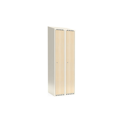 Fydor clothes locker, HPL, 2 sections, white/birch, W 600 mm, sloping roof shape, cylinder lock.