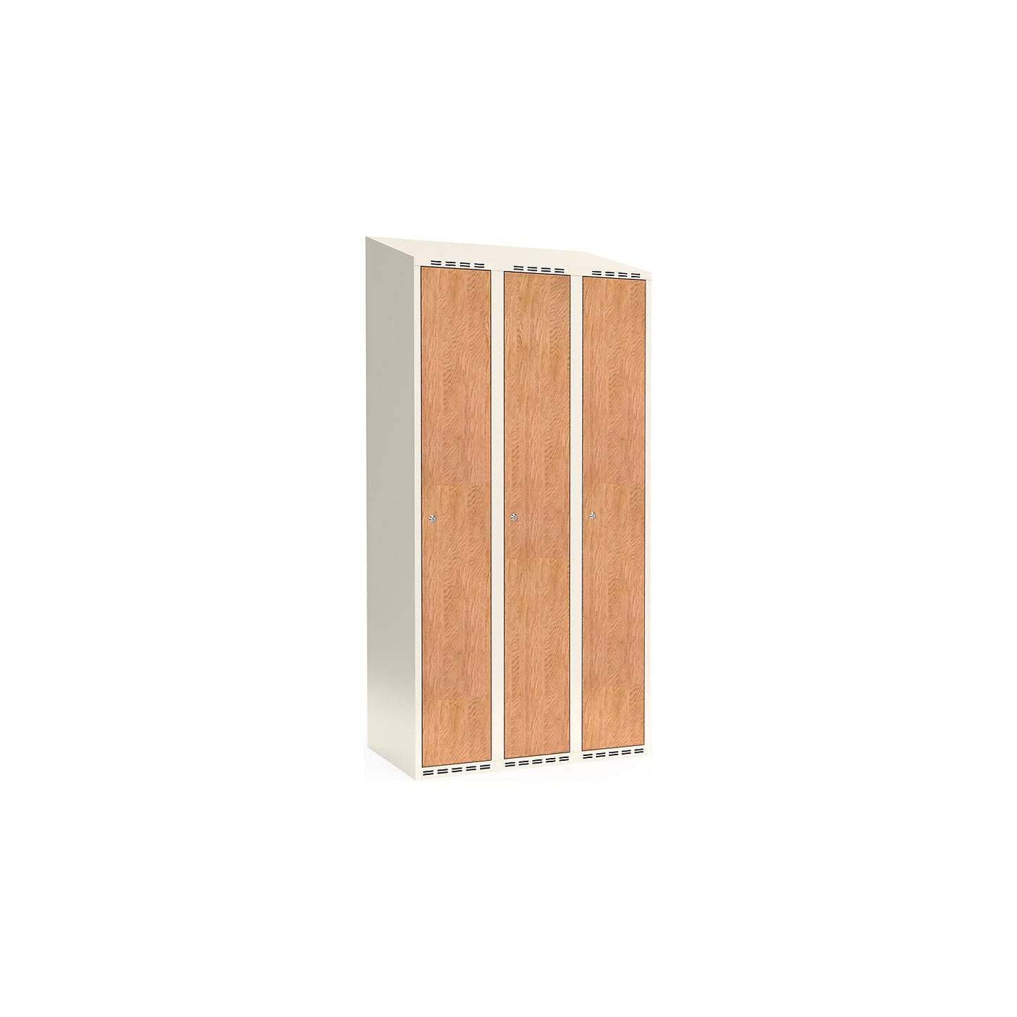 Fydor clothes locker, HPL, 3 sections, white/oak, W 900 mm, sloping roof shape, cylinder lock.