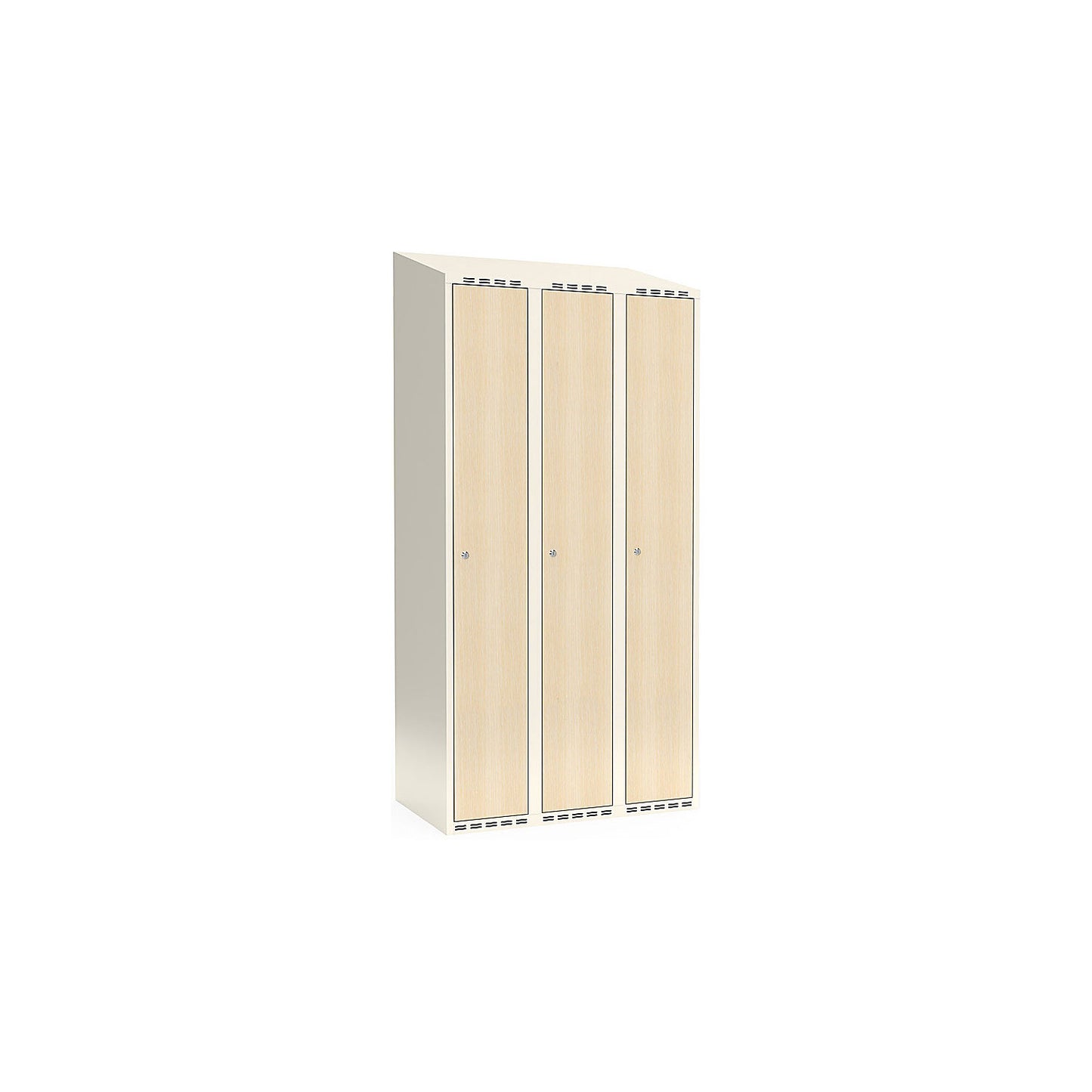 Fydor clothes locker, HPL, 3 sections, white/birch, W 900 mm, sloping roof shape, cylinder lock.