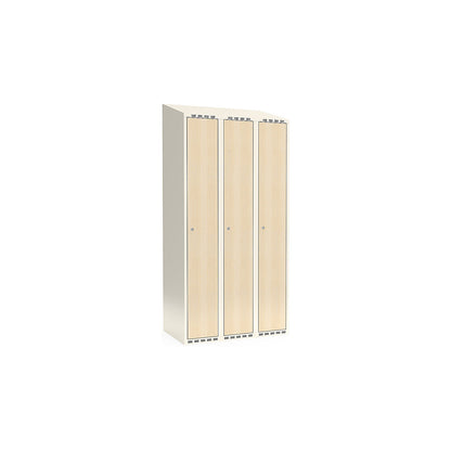 Fydor clothes locker, HPL, 3 sections, white/birch, W 900 mm, sloping roof shape, cylinder lock.