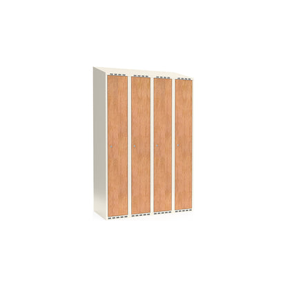 Fydor clothes locker, HPL, 4 sections, white/oak, W 1200 mm, sloping roof shape, cylinder lock.