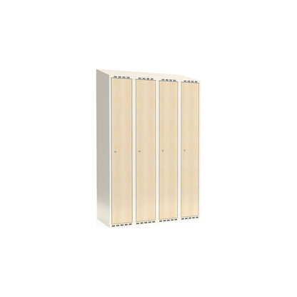 Fydor clothes locker, HPL, 4 sections, white/birch, W 1200 mm, sloping roof shape, cylinder lock.