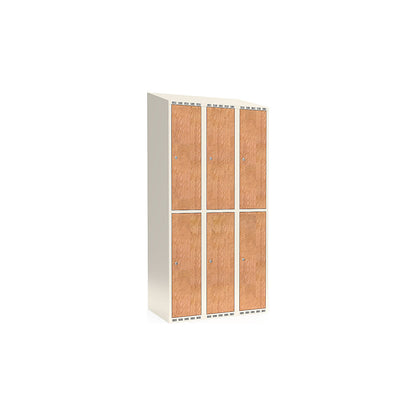 Fydor double deck clothes locker, HPL, 3 sections, white/oak, W 900 mm, sloping roof shape, cylinder lock.