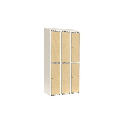 Fydor double deck clothes locker, HPL, 3 sections, white/birch, W 900 mm, sloping roof shape, cylinder lock.