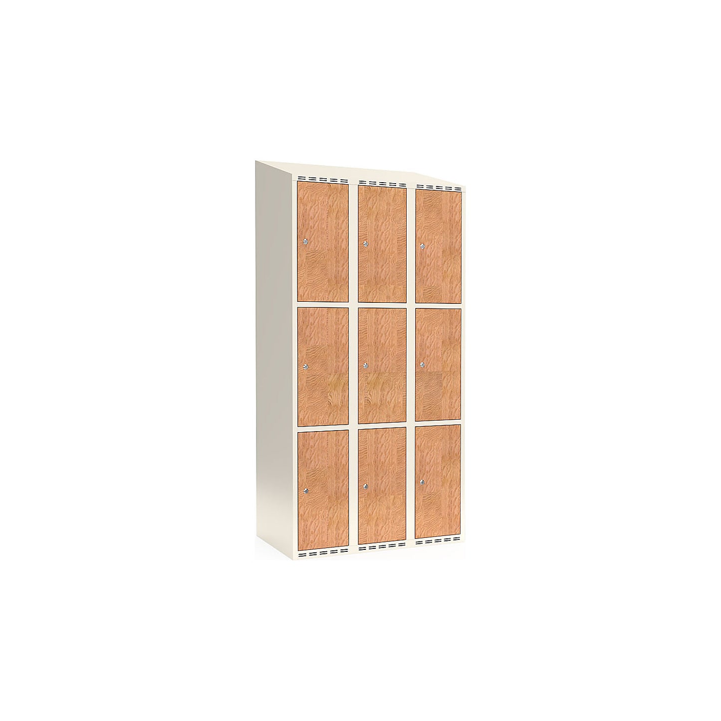 Fydor 3-door compartment locker, HPL, 3 sections, white/oak, W 900 mm, sloping roof shape, cylinder lock.