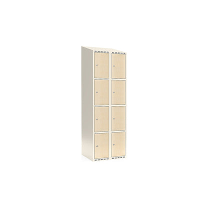 Fydor 4-door compartment locker, HPL, 2 sections, white/birch, W 600 mm, sloping roof shape, cylinder lock.