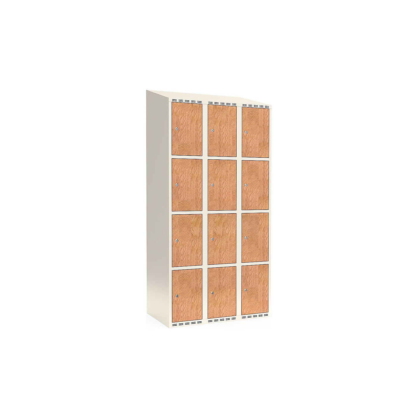 Fydor 4-door compartment locker, HPL, 3 sections, white/oak, W 900 mm, sloping roof shape, cylinder lock.