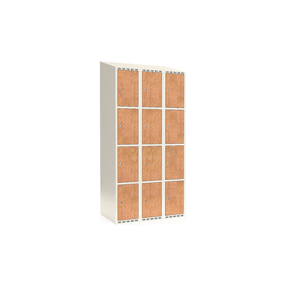 Fydor 4-door compartment locker, HPL, 3 sections, white/oak, W 900 mm, sloping roof shape, cylinder lock.