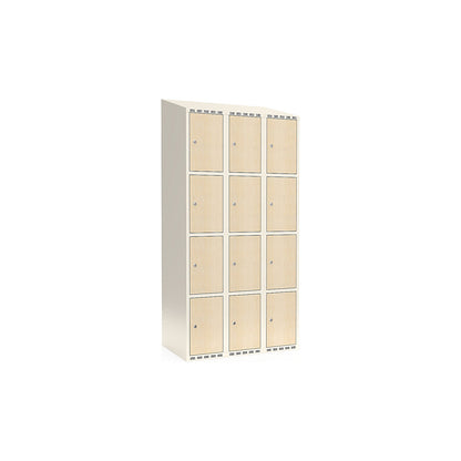 Fydor 4-door compartment locker, HPL, 3 sections, white/birch, W 900 mm, sloping roof shape, cylinder lock.