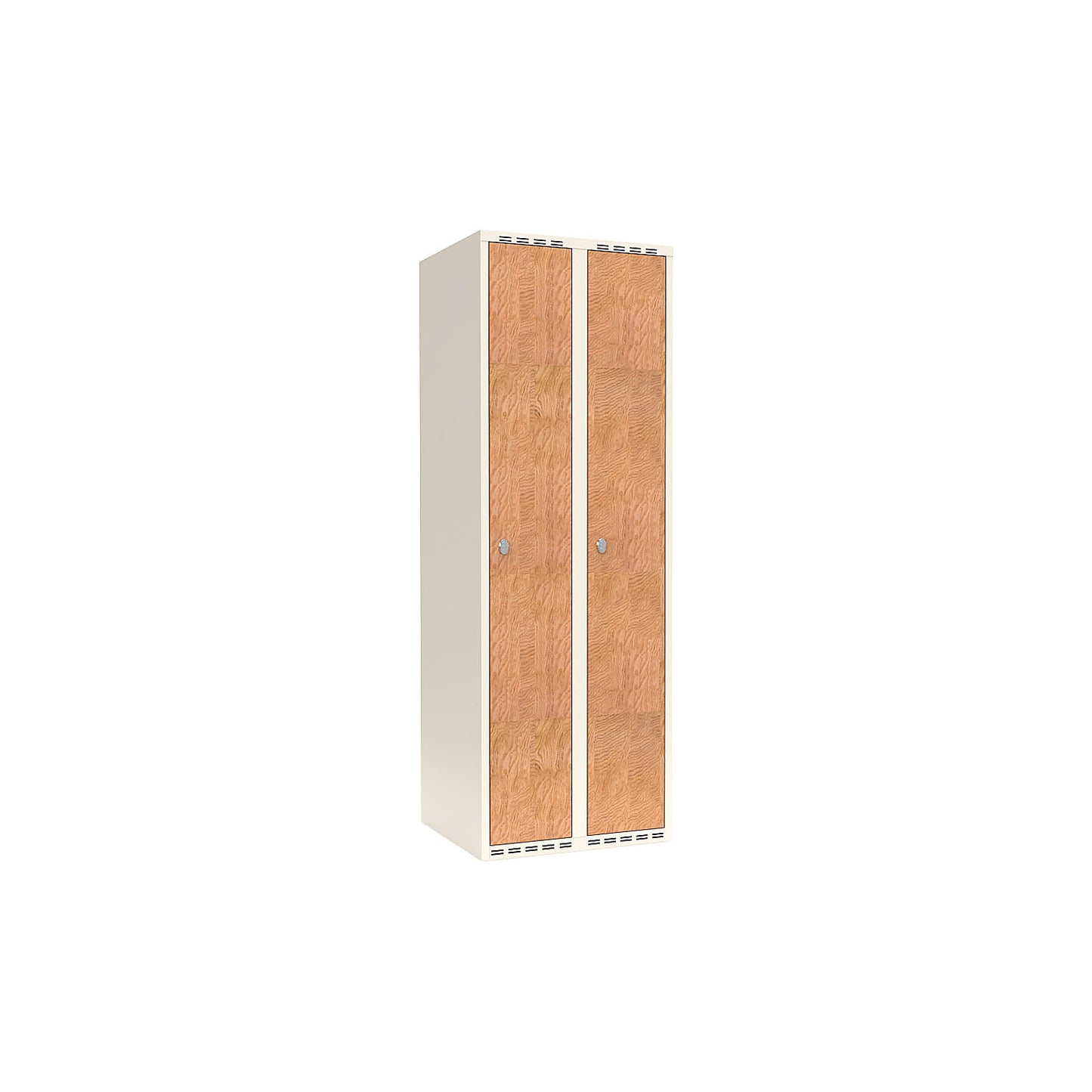 Fydor clothes locker, HPL, 2 sections, white/oak, W 600 mm, flat roof shape, padlock.