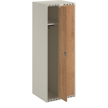 Fydor clothes locker, HPL, 2 sections, white/oak, W 600 mm, flat roof shape, padlock.