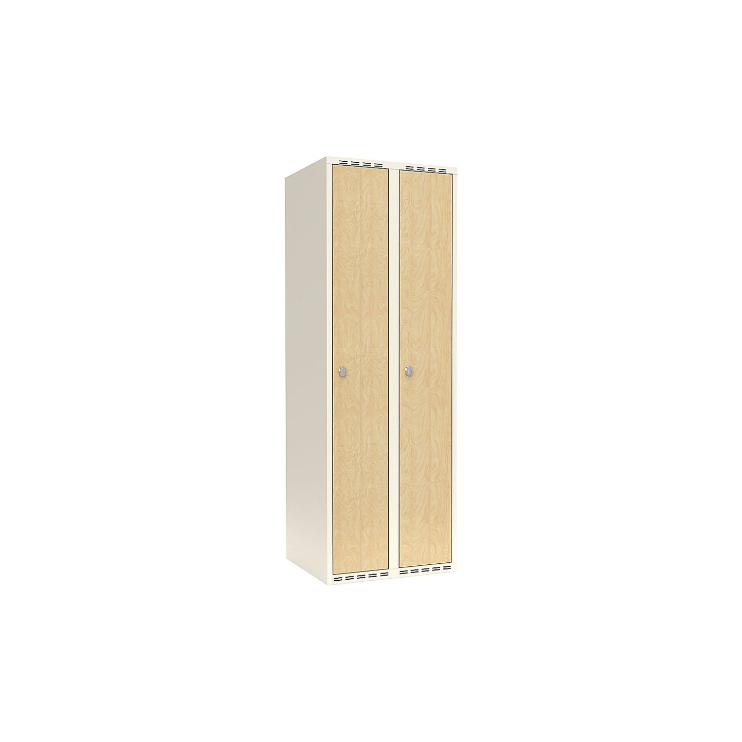 Fydor clothes locker, HPL, 2 sections, white/birch, W 600 mm, flat roof shape, padlock.