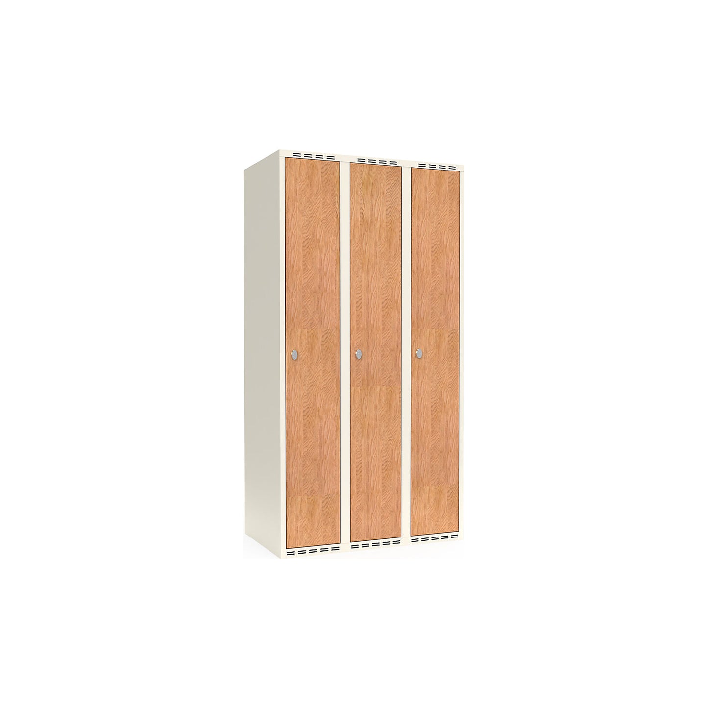Fydor clothes locker, HPL, 3 sections, white/oak, W 900 mm, flat roof shape, padlock.