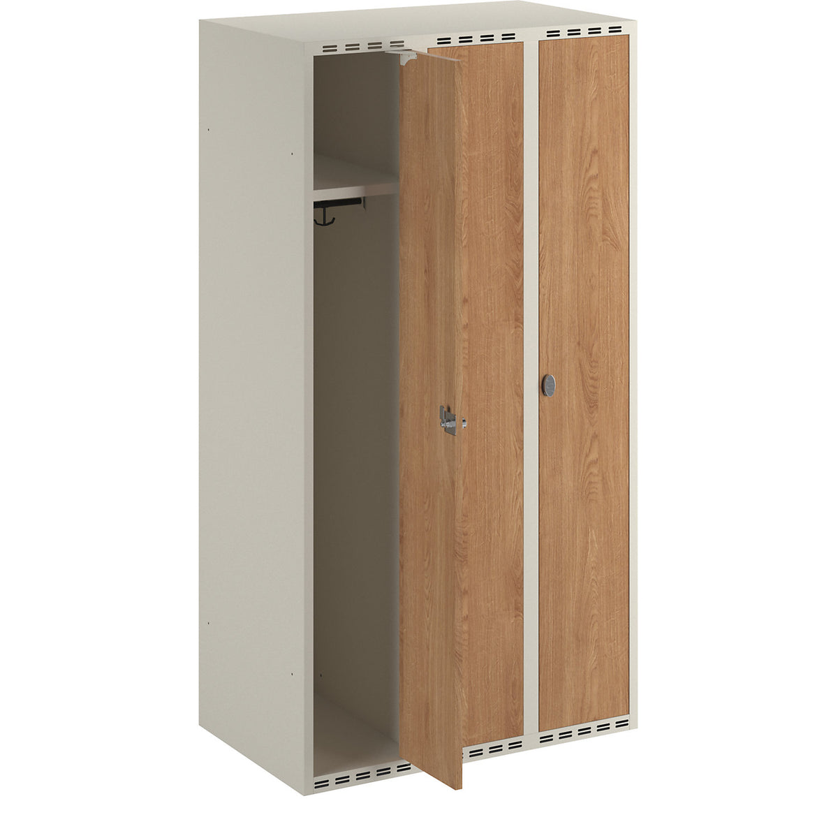 Fydor clothes locker, HPL, 3 sections, white/oak, W 900 mm, flat roof shape, padlock.
