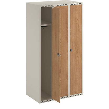 Fydor clothes locker, HPL, 3 sections, white/oak, W 900 mm, flat roof shape, padlock.